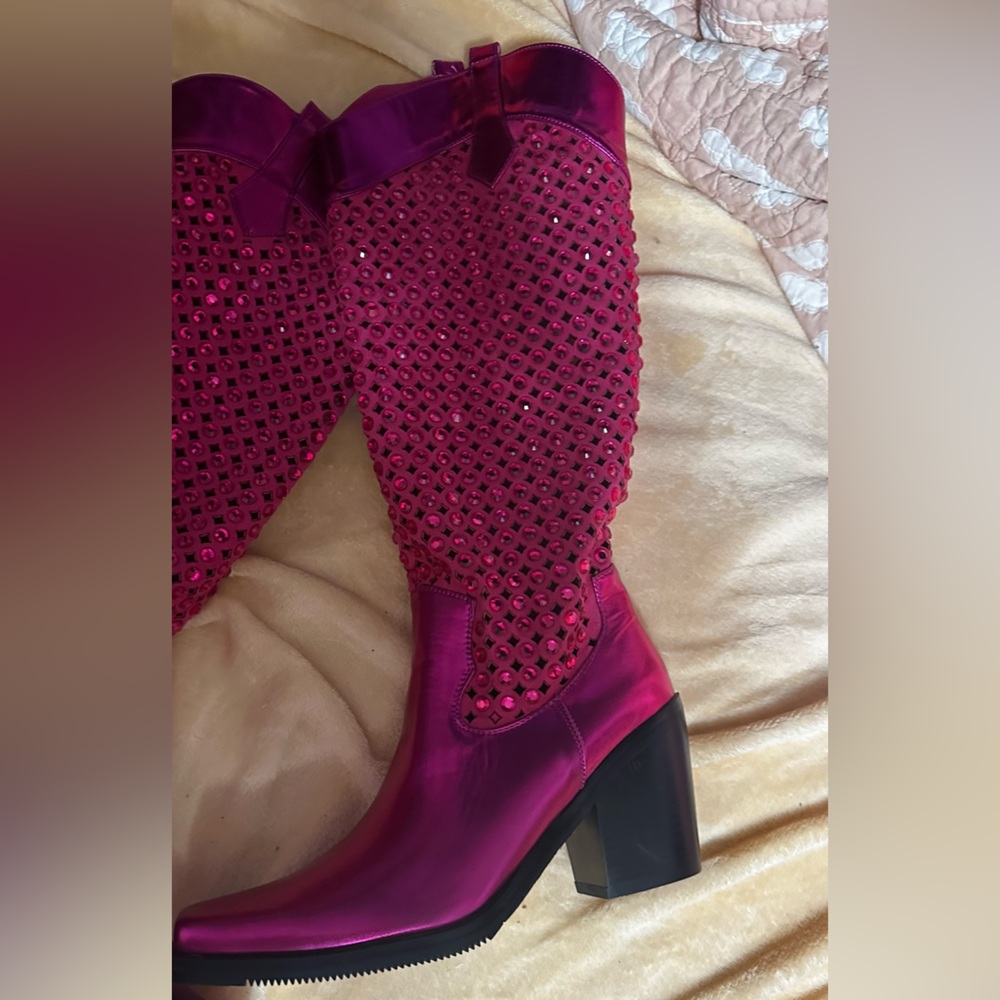 Fuchsia Studded Heeled Boots - Picture 4 of 9